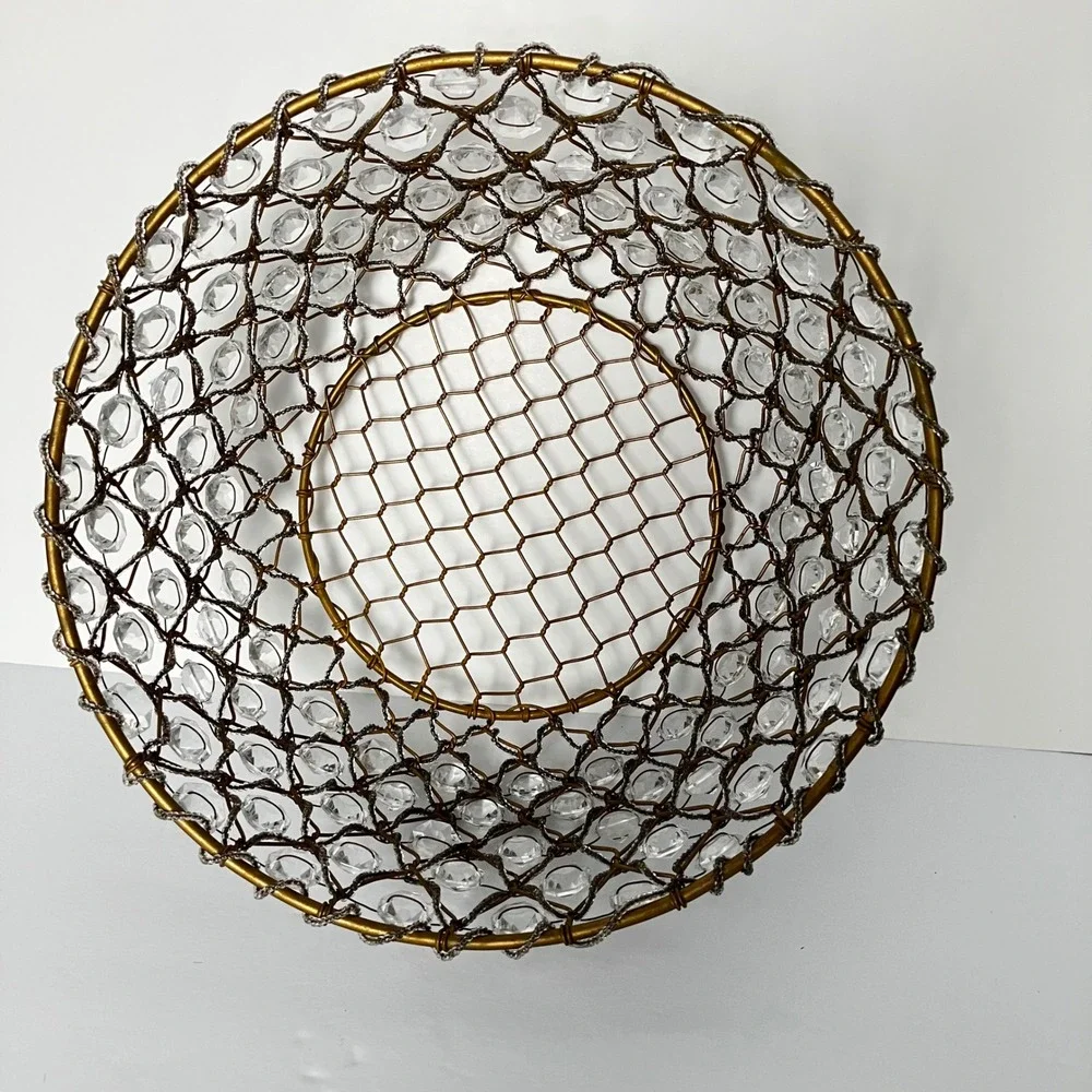 Vintage Gold Wire Crystal Basket Decorative Beaded Bowl Centerpiece 10 Inch